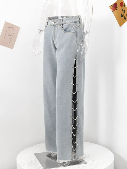 New Casual Hollow Out Rhinestone Chain Wide Leg Cargo Pant CODE: KAR2163