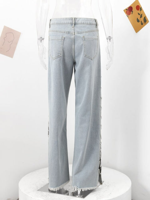 New Casual Hollow Out Rhinestone Chain Wide Leg Cargo Pant CODE: KAR2163
