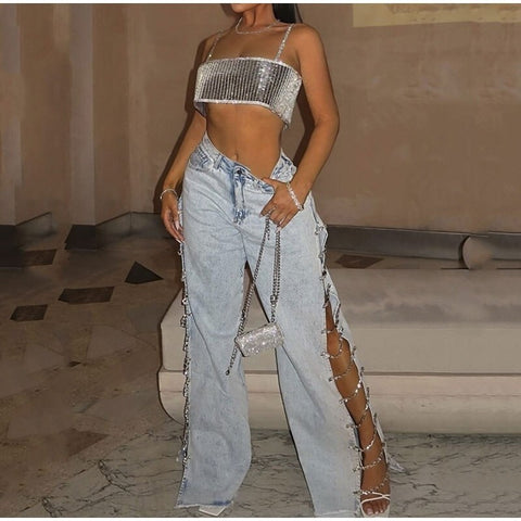 New Casual Hollow Out Rhinestone Chain Wide Leg Cargo Pant CODE: KAR2163