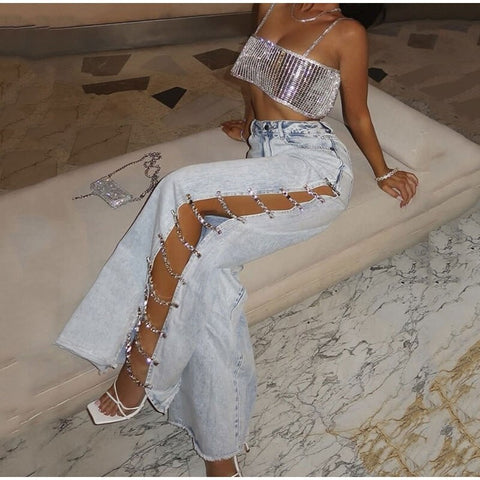 New Casual Hollow Out Rhinestone Chain Wide Leg Cargo Pant CODE: KAR2163