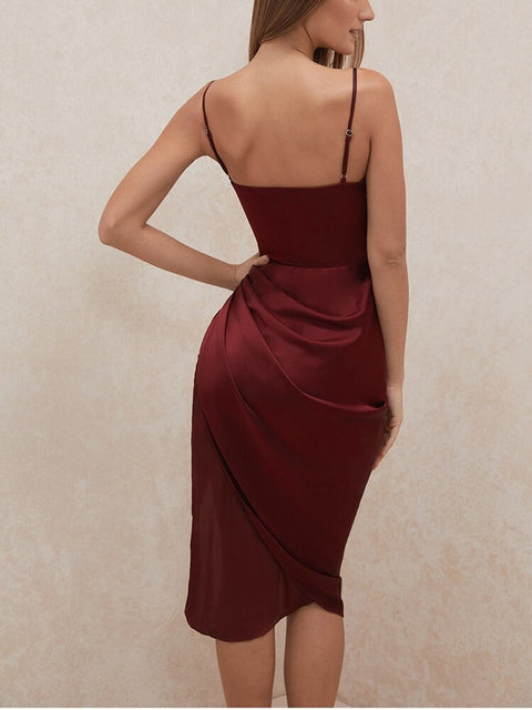 Sexy Elegant Midi Satin Split Adjustable Strap Ruched Cowl Neck Asymmetrical Zipper Party Dress CODE: KAR2165