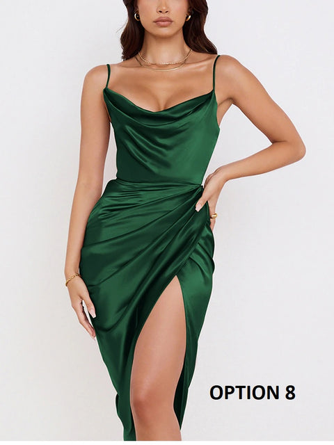 Sexy Elegant Midi Satin Split Adjustable Strap Ruched Cowl Neck Asymmetrical Zipper Party Dress CODE: KAR2165