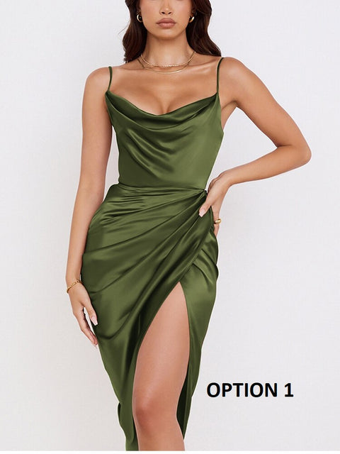 Sexy Elegant Midi Satin Split Adjustable Strap Ruched Cowl Neck Asymmetrical Zipper Party Dress CODE: KAR2165