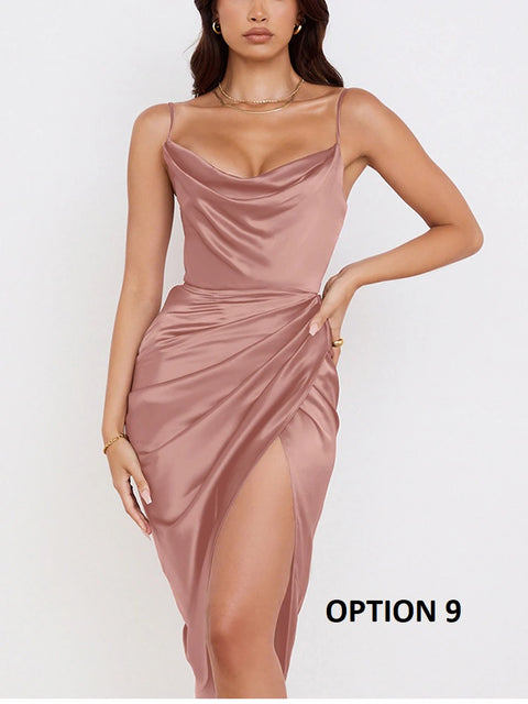 Sexy Elegant Midi Satin Split Adjustable Strap Ruched Cowl Neck Asymmetrical Zipper Party Dress CODE: KAR2165