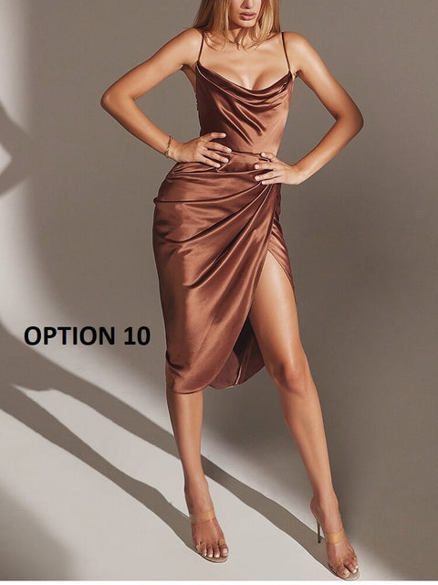 Sexy Elegant Midi Satin Split Adjustable Strap Ruched Cowl Neck Asymmetrical Zipper Party Dress CODE: KAR2165