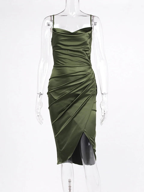 Sexy Elegant Midi Satin Split Adjustable Strap Ruched Cowl Neck Asymmetrical Zipper Party Dress CODE: KAR2165