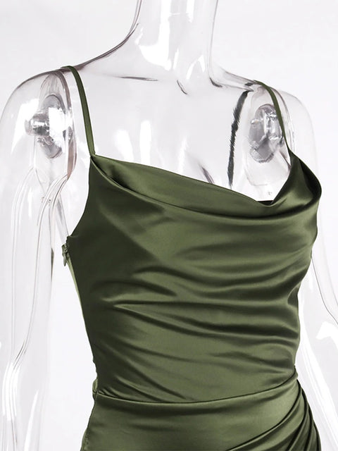 Sexy Elegant Midi Satin Split Adjustable Strap Ruched Cowl Neck Asymmetrical Zipper Party Dress CODE: KAR2165