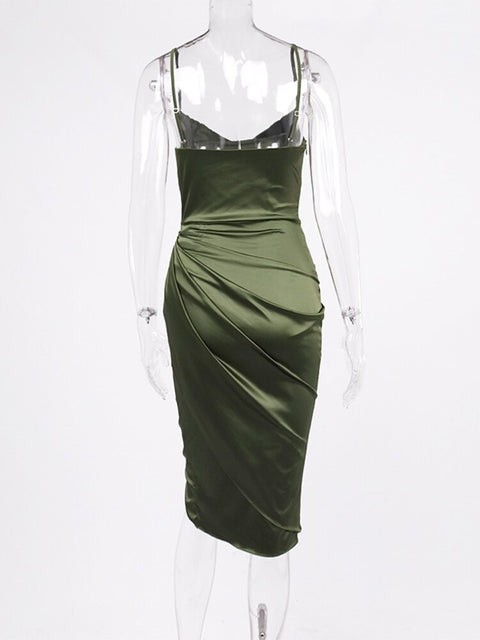 Sexy Elegant Midi Satin Split Adjustable Strap Ruched Cowl Neck Asymmetrical Zipper Party Dress CODE: KAR2165