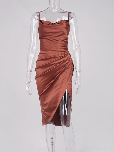 Sexy Elegant Midi Satin Split Adjustable Strap Ruched Cowl Neck Asymmetrical Zipper Party Dress CODE: KAR2165