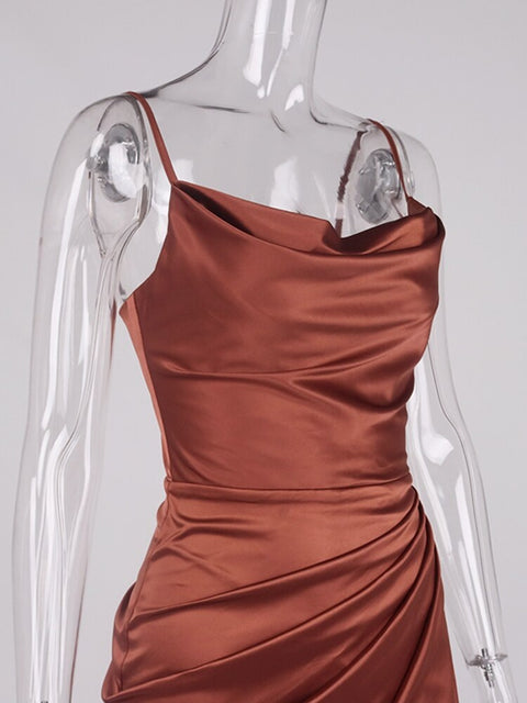 Sexy Elegant Midi Satin Split Adjustable Strap Ruched Cowl Neck Asymmetrical Zipper Party Dress CODE: KAR2165