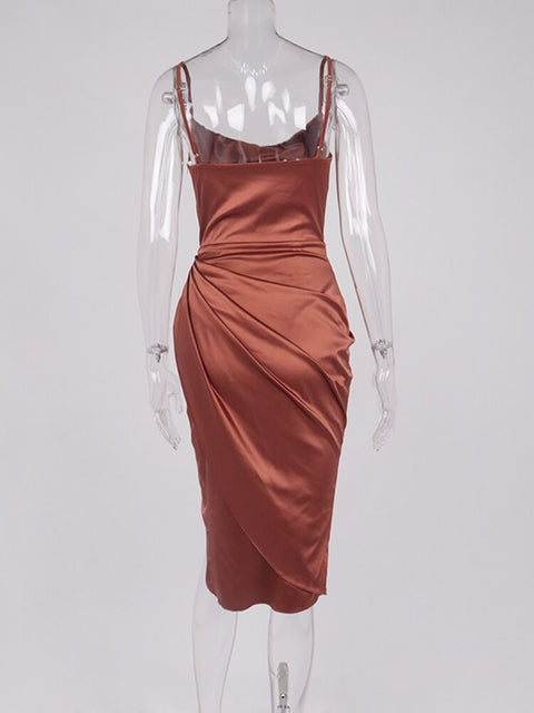 Sexy Elegant Midi Satin Split Adjustable Strap Ruched Cowl Neck Asymmetrical Zipper Party Dress CODE: KAR2165