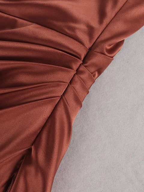 Sexy Elegant Midi Satin Split Adjustable Strap Ruched Cowl Neck Asymmetrical Zipper Party Dress CODE: KAR2165
