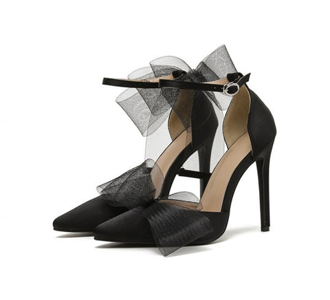 New Pointed Toe Buckle Strap Pumps Bowknot Satin Stiletto High Heel Sandals CODE: KAR2166