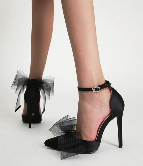 New Pointed Toe Buckle Strap Pumps Bowknot Satin Stiletto High Heel Sandals CODE: KAR2166