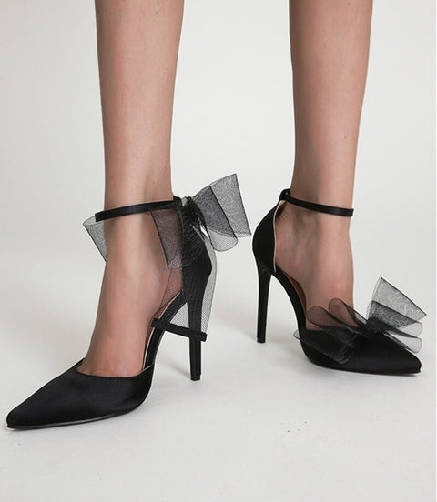 New Pointed Toe Buckle Strap Pumps Bowknot Satin Stiletto High Heel Sandals CODE: KAR2166
