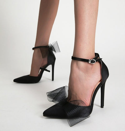 New Pointed Toe Buckle Strap Pumps Bowknot Satin Stiletto High Heel Sandals CODE: KAR2166