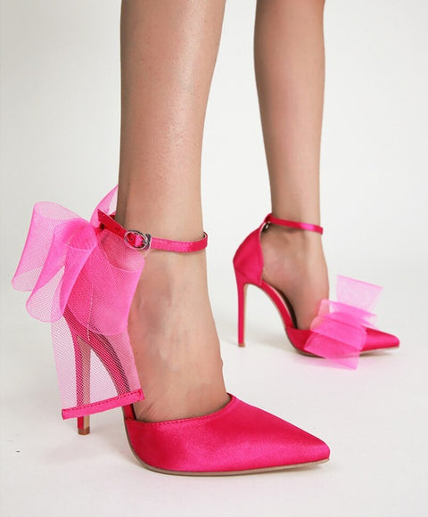 New Pointed Toe Buckle Strap Pumps Bowknot Satin Stiletto High Heel Sandals CODE: KAR2166