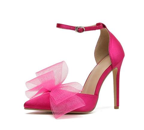 New Pointed Toe Buckle Strap Pumps Bowknot Satin Stiletto High Heel Sandals CODE: KAR2166