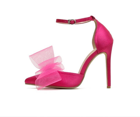 New Pointed Toe Buckle Strap Pumps Bowknot Satin Stiletto High Heel Sandals CODE: KAR2166