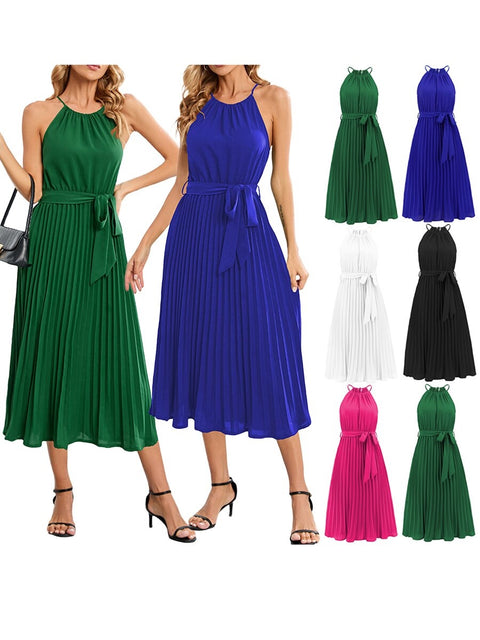 New Elegant Sleeveless Off Shoulder Hanging Neck Pleated Solid Color Casual Dress CODE: KAR2168