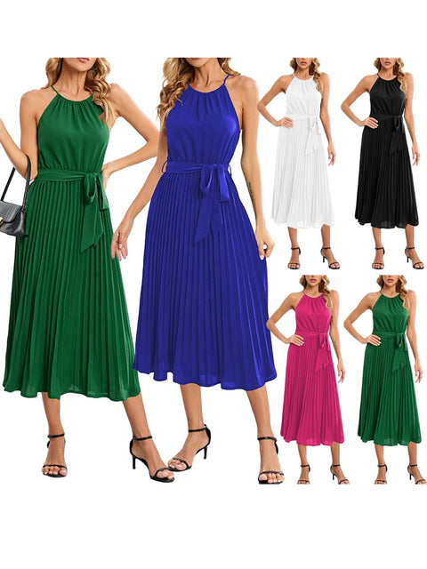 New Elegant Sleeveless Off Shoulder Hanging Neck Pleated Solid Color Casual Dress CODE: KAR2168