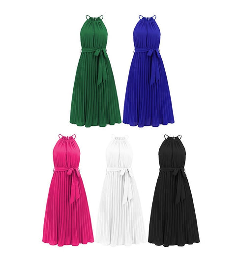 New Elegant Sleeveless Off Shoulder Hanging Neck Pleated Solid Color Casual Dress CODE: KAR2168