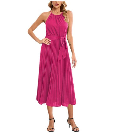 New Elegant Sleeveless Off Shoulder Hanging Neck Pleated Solid Color Casual Dress CODE: KAR2168