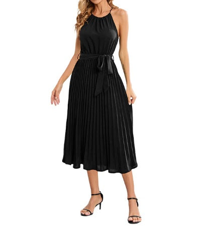 New Elegant Sleeveless Off Shoulder Hanging Neck Pleated Solid Color Casual Dress CODE: KAR2168