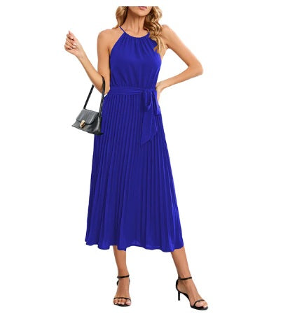 New Elegant Sleeveless Off Shoulder Hanging Neck Pleated Solid Color Casual Dress CODE: KAR2168