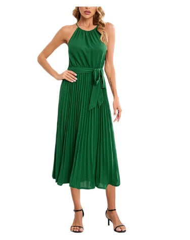 New Elegant Sleeveless Off Shoulder Hanging Neck Pleated Solid Color Casual Dress CODE: KAR2168