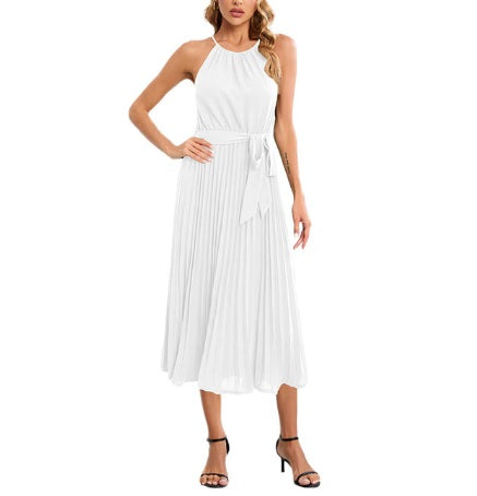 New Elegant Sleeveless Off Shoulder Hanging Neck Pleated Solid Color Casual Dress CODE: KAR2168