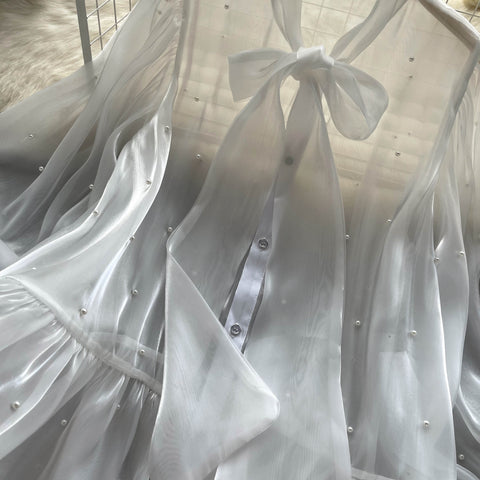 New Elegant Beading Pearl Decorate Bow Tie Flare Sleeve Transparent Top CODE: KAR2169
