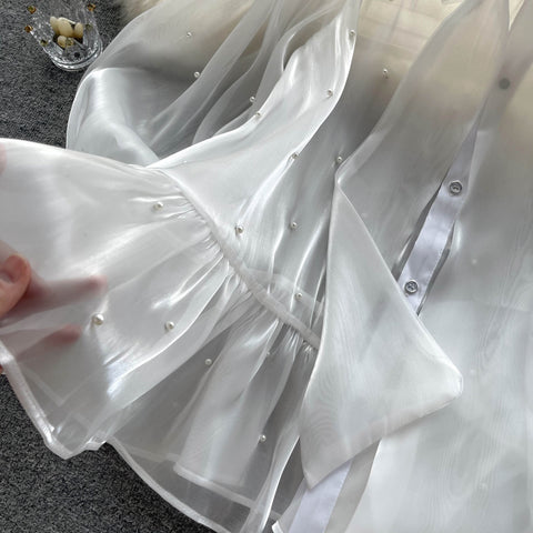 New Elegant Beading Pearl Decorate Bow Tie Flare Sleeve Transparent Top CODE: KAR2169
