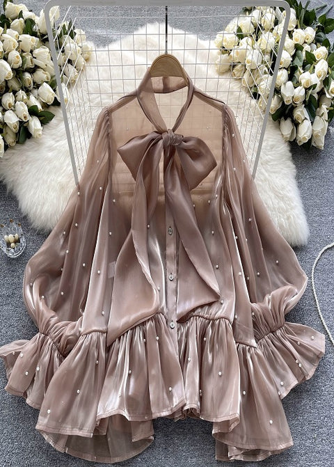 New Elegant Beading Pearl Decorate Bow Tie Flare Sleeve Transparent Top CODE: KAR2169