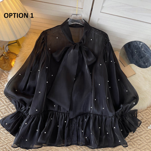 New Elegant Beading Pearl Decorate Bow Tie Flare Sleeve Transparent Top CODE: KAR2169
