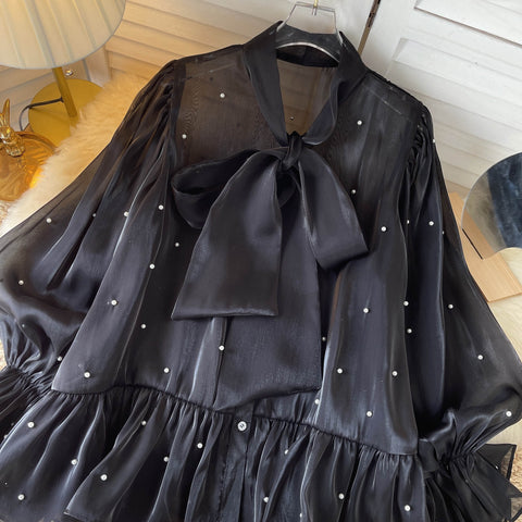 New Elegant Beading Pearl Decorate Bow Tie Flare Sleeve Transparent Top CODE: KAR2169