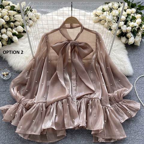 New Elegant Beading Pearl Decorate Bow Tie Flare Sleeve Transparent Top CODE: KAR2169