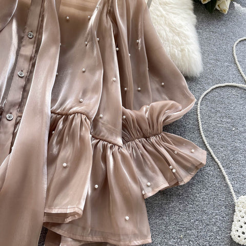 New Elegant Beading Pearl Decorate Bow Tie Flare Sleeve Transparent Top CODE: KAR2169
