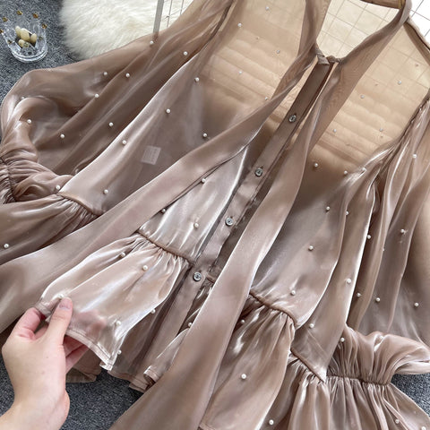 New Elegant Beading Pearl Decorate Bow Tie Flare Sleeve Transparent Top CODE: KAR2169