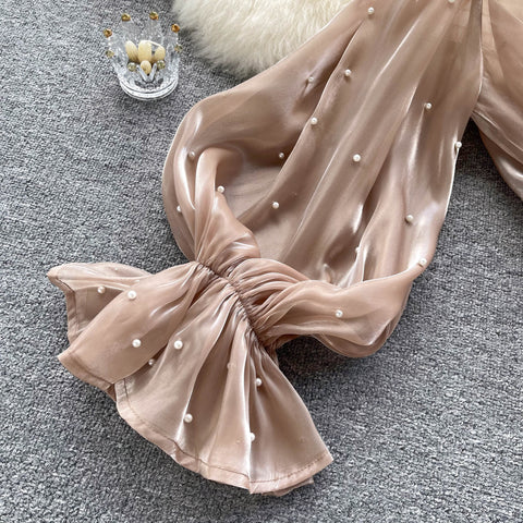 New Elegant Beading Pearl Decorate Bow Tie Flare Sleeve Transparent Top CODE: KAR2169