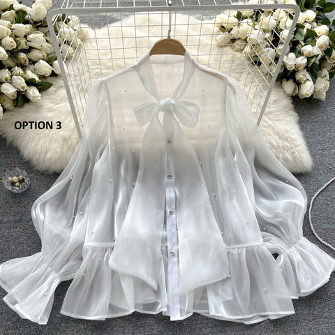 New Elegant Beading Pearl Decorate Bow Tie Flare Sleeve Transparent Top CODE: KAR2169