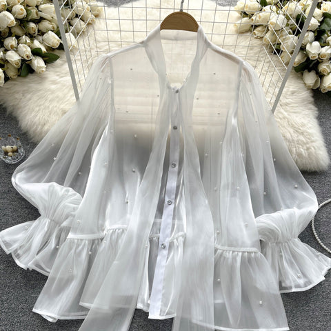 New Elegant Beading Pearl Decorate Bow Tie Flare Sleeve Transparent Top CODE: KAR2169