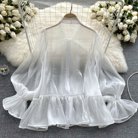 New Elegant Beading Pearl Decorate Bow Tie Flare Sleeve Transparent Top CODE: KAR2169