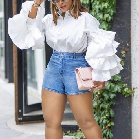 New ruffle sleeve stand collar plus size fashion party top CODE: KAR2170