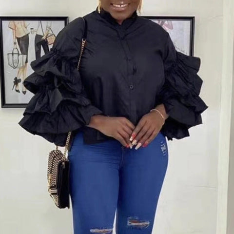 New ruffle sleeve stand collar plus size fashion party top CODE: KAR2170