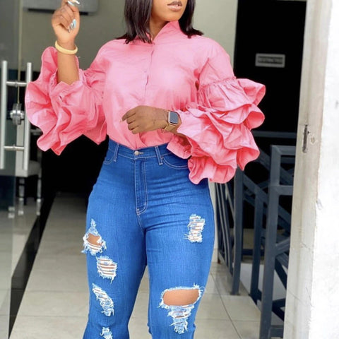 New ruffle sleeve stand collar plus size fashion party top CODE: KAR2170