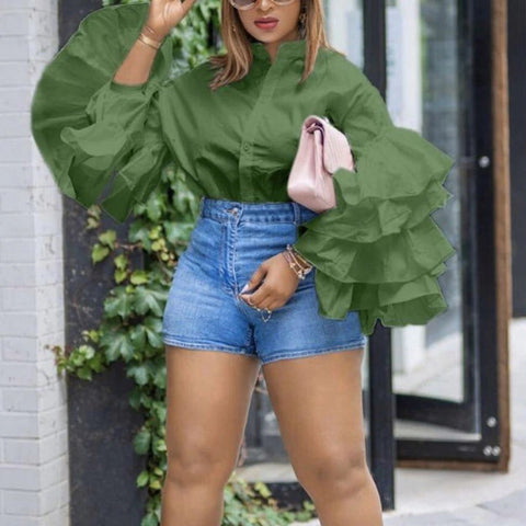 New ruffle sleeve stand collar plus size fashion party top CODE: KAR2170