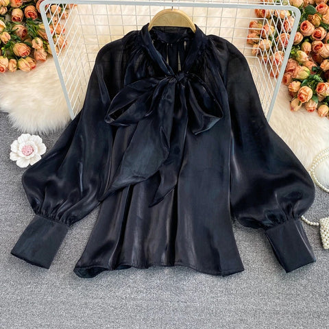 New V-neck Solid Color Bowknot Lantern Sleeves Loose Fashion Elegant Top CODE: KAR2171