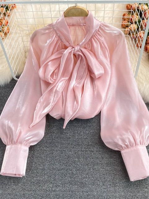 New V-neck Solid Color Bowknot Lantern Sleeves Loose Fashion Elegant Top CODE: KAR2171
