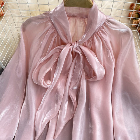 New V-neck Solid Color Bowknot Lantern Sleeves Loose Fashion Elegant Top CODE: KAR2171